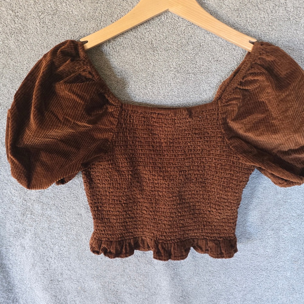 American Eagle Brown Corduroy Smocked Puff Sleeve Crop Top Women‎ Medium